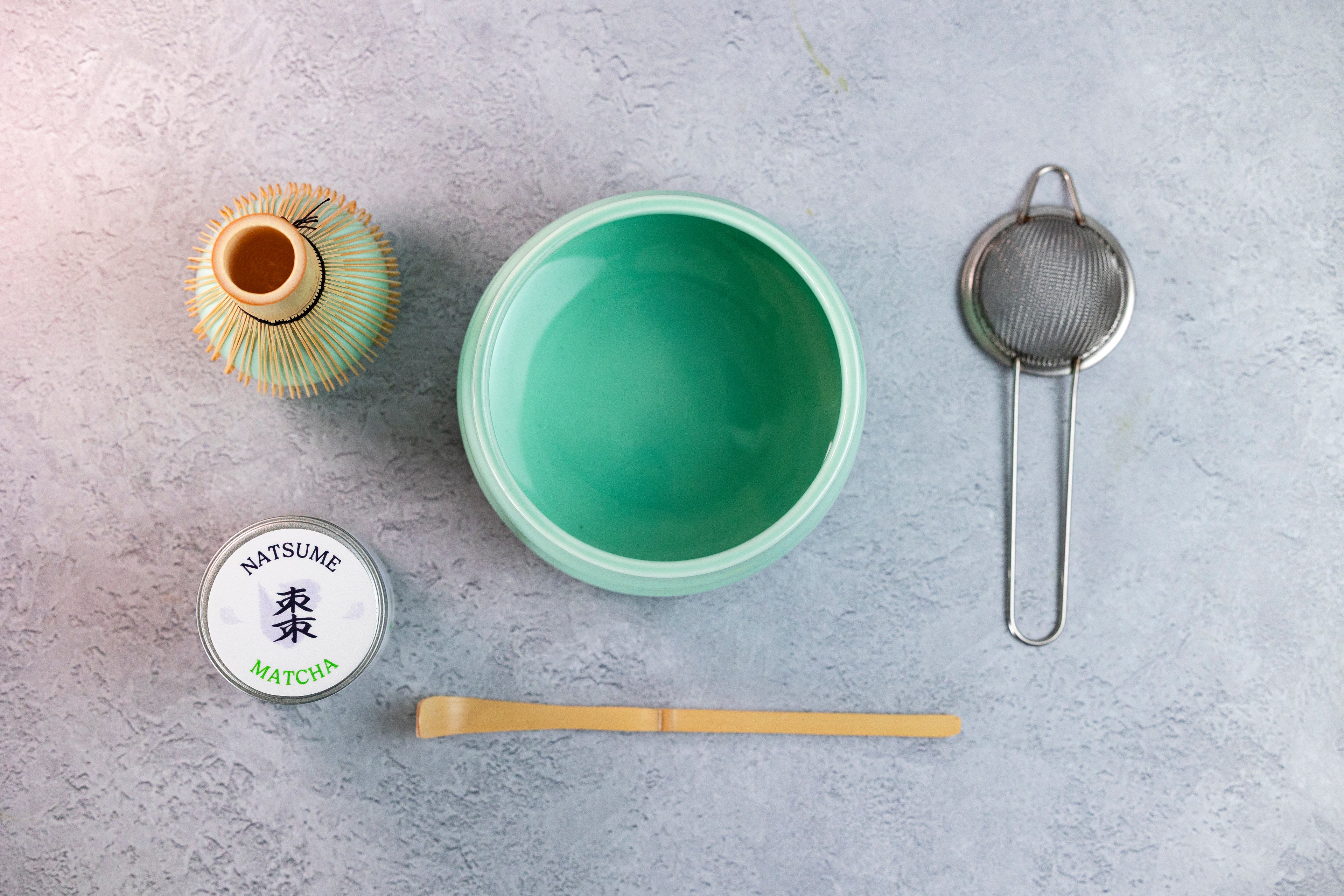 5-Piece Green Matcha Set featuring "Natsume Matcha" matcha product on a gray surface.