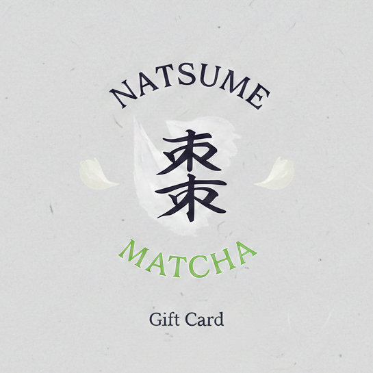 White gift card with 'Natsume Matcha' branding on a black background