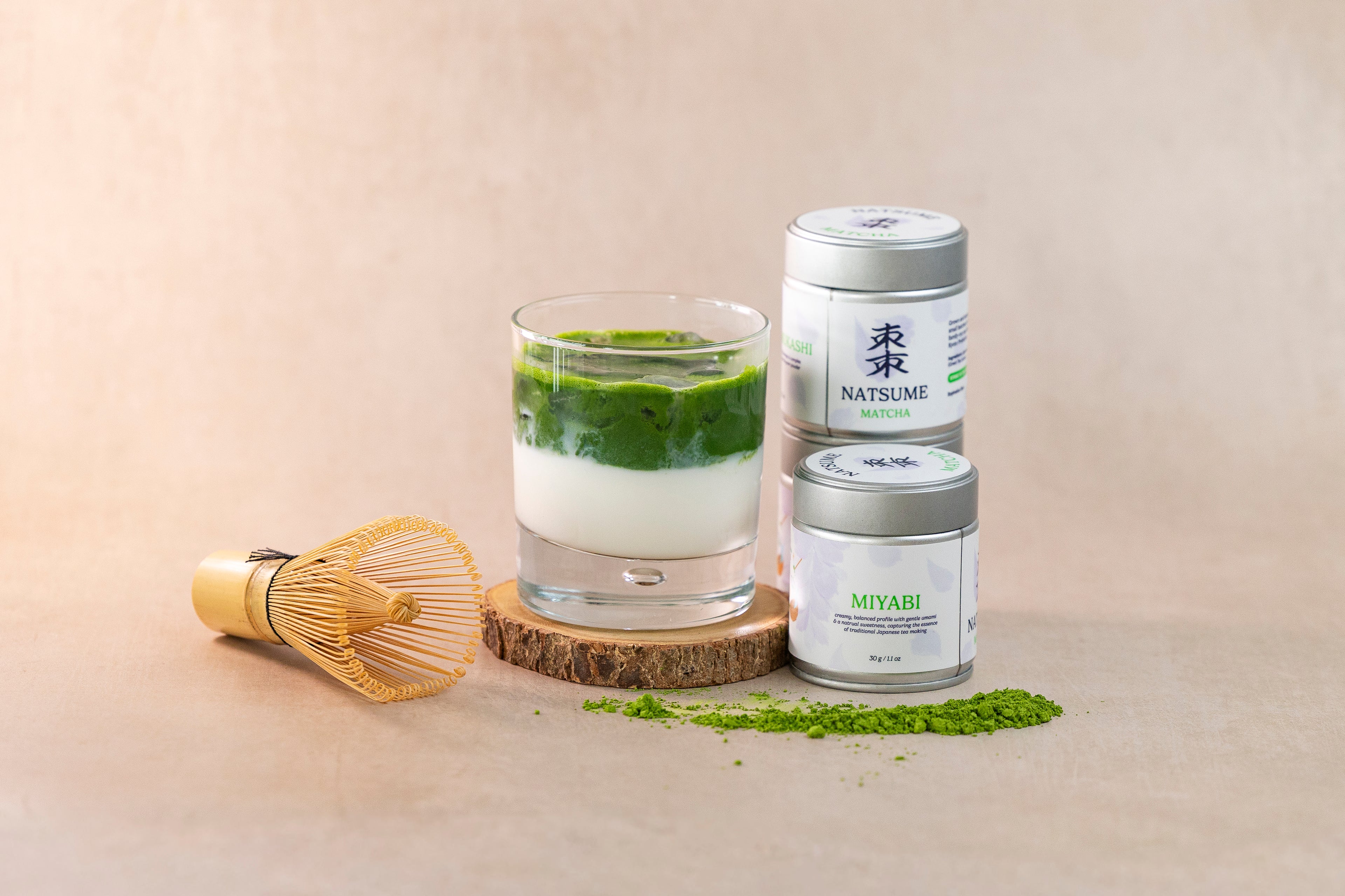 Natsume Matcha Miyabi latte with product packaging shots