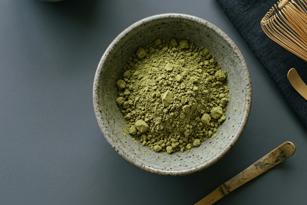 Bowl of green matcha powder on a dark surface with whisk and spoon